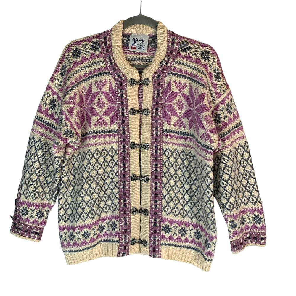 Voss Norwegian Fair Isle Cardigan XS Cream Pink Gray Nordic Sweater